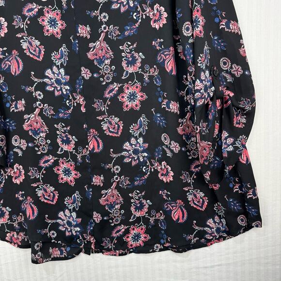 Catherine’s Black Peasant Blouse Women 2X Sheer Button Up Boho Chic Pink Floral - Picture 3 of 9